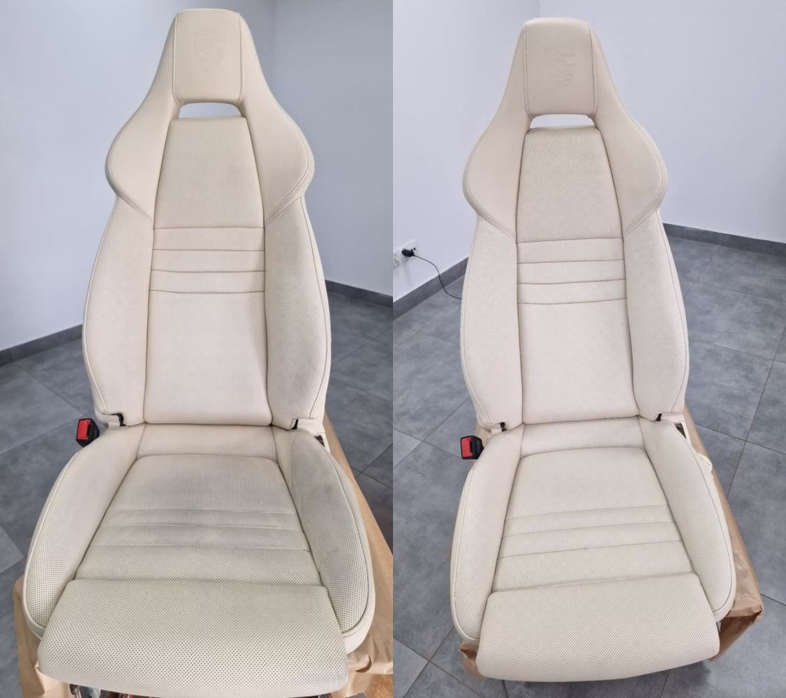  Voor en na foto van grondig gereinigde en opnieuw beschermde lichte leren autostoelen in een personenwagen, uitgevoerd door SK Mobile Vacuum Service in de regio Antwerpen – professionele lederreiniging en interieurdetailing. 