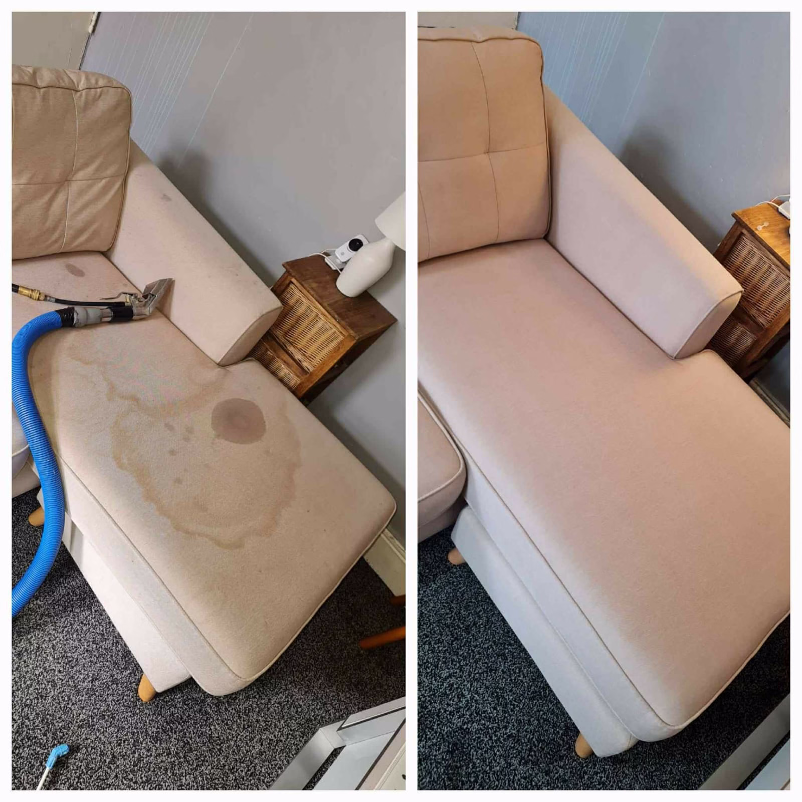  Voor en na – grote vlek professioneel laten verwijderen uit een lichte stoffen zetel aan huis in de regio Antwerpen, door SK Mobile Vacuum Service – gespecialiseerde zetelreiniging. 