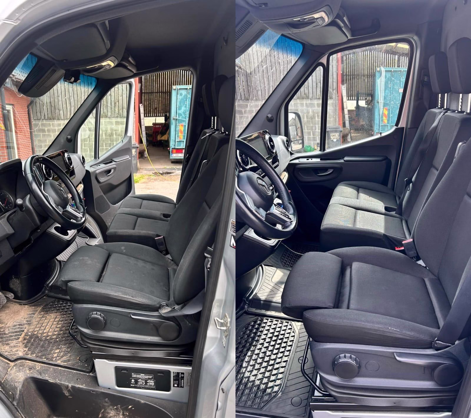  Cabine van een bestelwagen, vóór en na professionele dieptereiniging door SK Mobile Vacuum Service – frisse, schone werkplek met snelle droogtijd. 