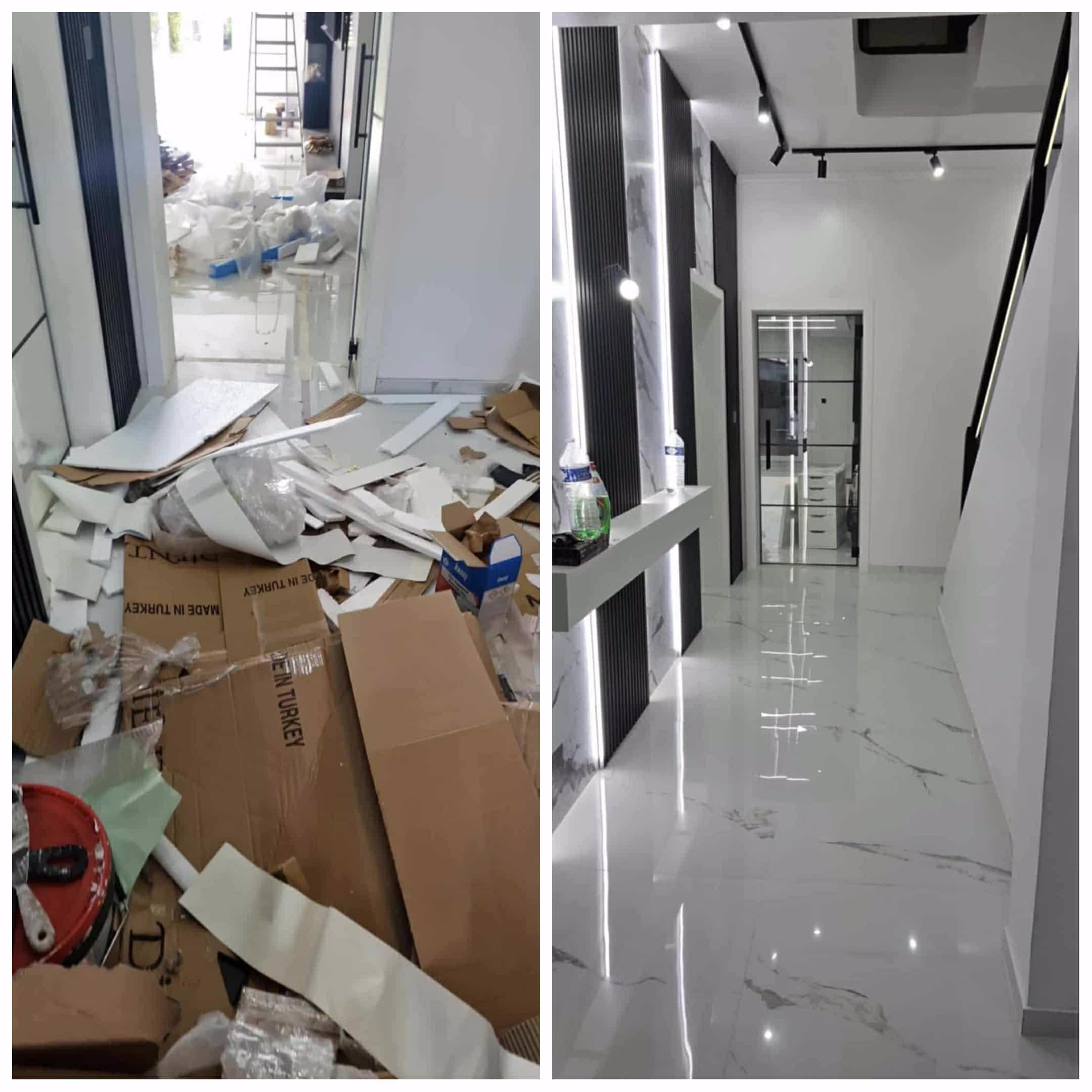  Voor en na professionele eindschoonmaak van een gangenruimte na renovatiewerken – SK Mobile Vacuum Service maakt kantoren en gebouwen weer stofvrij en instapklaar. 