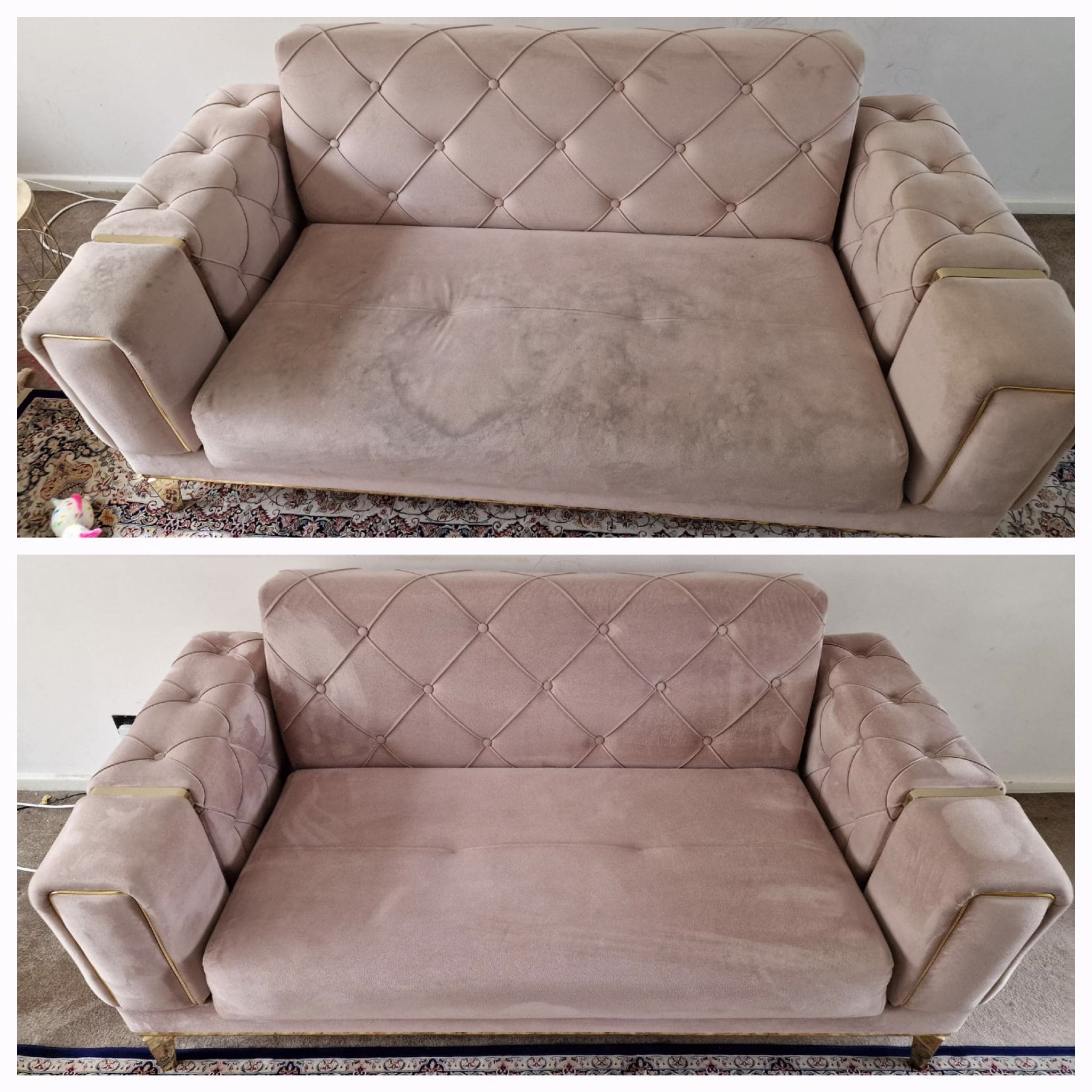  Voor en na foto van een stoffen salonset met zetel en fauteuil na professionele dieptereiniging door SK Mobile Vacuum Service in Antwerpen – zetelreiniging aan huis. 