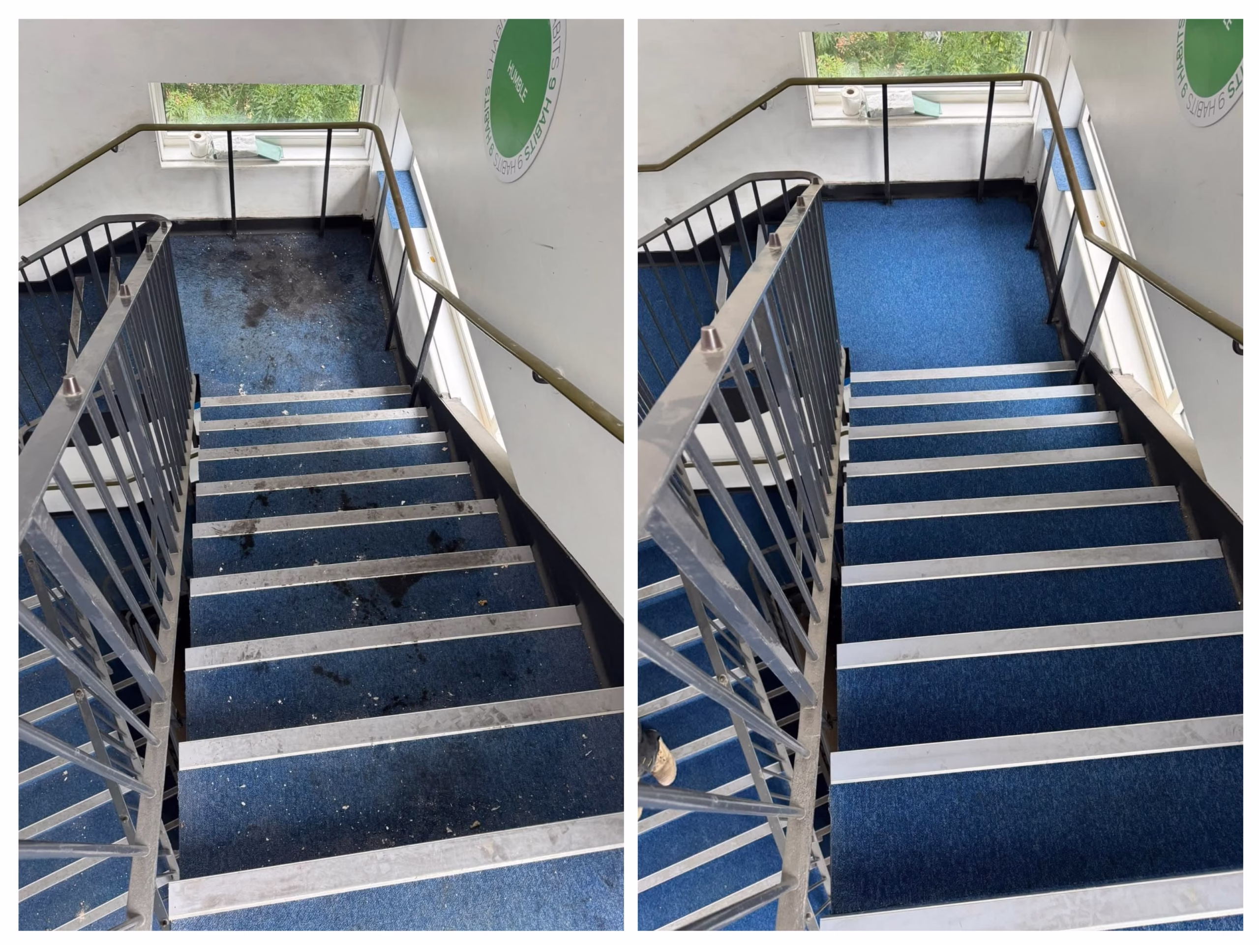  Voor en na foto van professionele reiniging van een trappenhuis en trapvloer in een gebouw in de regio Antwerpen, uitgevoerd door SK Mobile Vacuum Service. 